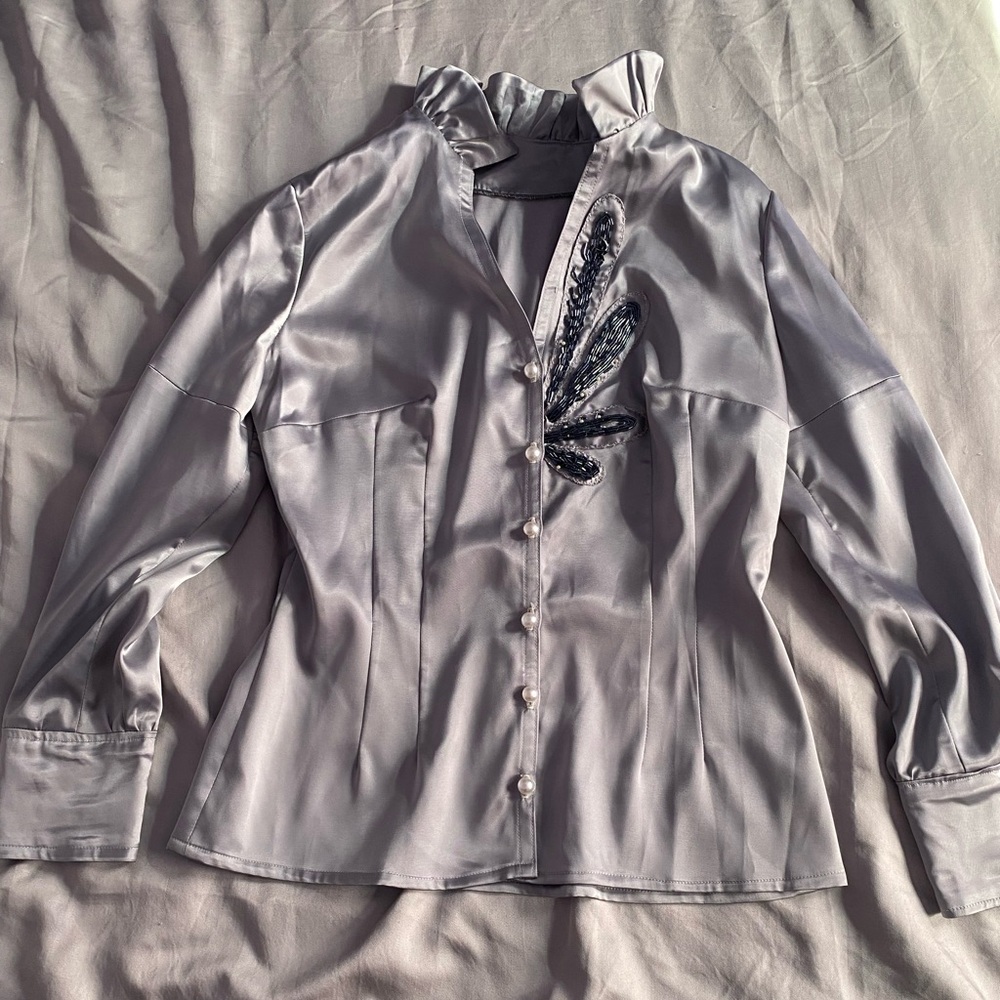 Vintage 80s Silver Top with Embellished Beaded Detail Ruffled Neckline Medium